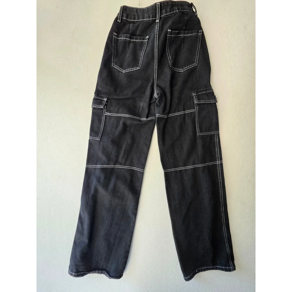 SHEIN Tall XS Black Wide Leg Cargo Jeans High Rise Contrast Stitch Y2K Goth